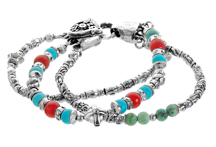 Elfcraft Armband Dreireihig Türis Coral Rot Sterne Meteorit-Karabiner 925 Sterling Silber Massiv Unisex