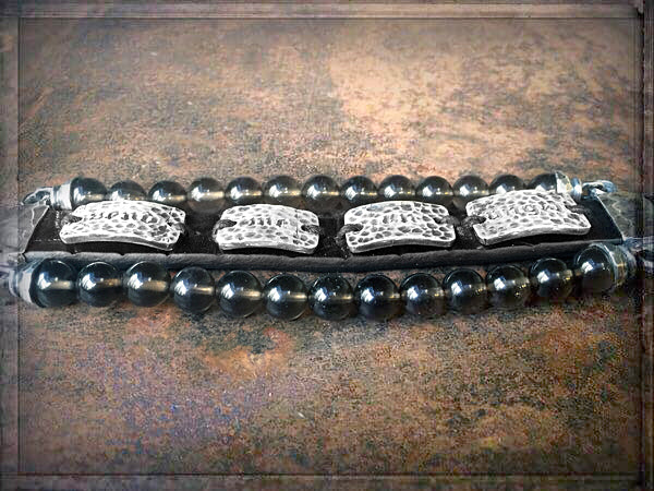 Elfcraft Armband Dreireihig Croco-Leder Braun Send Me An Angel Rauchquarz-Perlen Sterling Silber Massiv Unisex Detail
