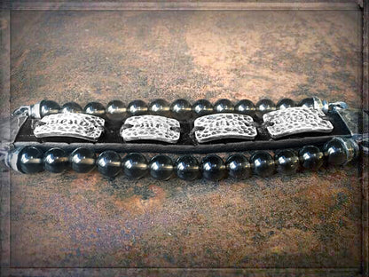 Elfcraft Armband Dreireihig Croco-Leder Braun Send Me An Angel Rauchquarz-Perlen Sterling Silber Massiv Unisex Detail