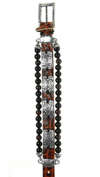 Elfcraft Armband Dreireihig Croco-Leder Braun Send Me An Angel Rauchquarz-Perlen 925 Sterling Silber Massiv Unisex