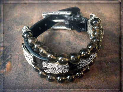Elfcraft Armband Dreireihig Croco-Leder Braun Send Me An Angel Rauchquarz-Perlen Sterling Silber Massiv Unisex