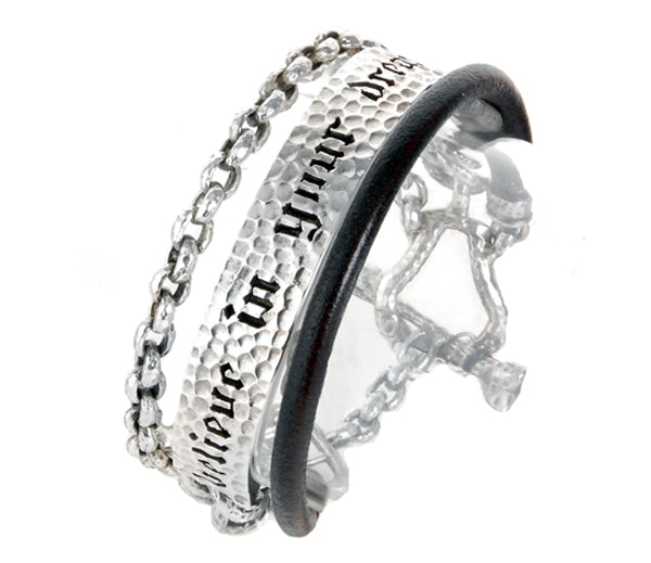 Elfcraft Armband Dreireihig Erbsmuster Gehämmert Believe In Your Dreams Leder 925 Sterling Silber Massiv