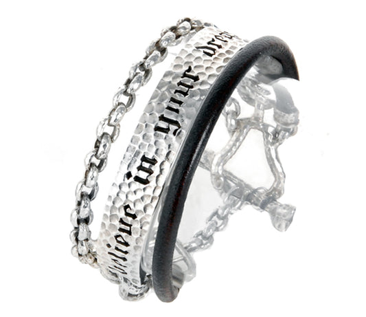 Elfcraft Armband Dreireihig Erbsmuster Gehämmert Believe In Your Dreams Leder 925 Sterling Silber Massiv