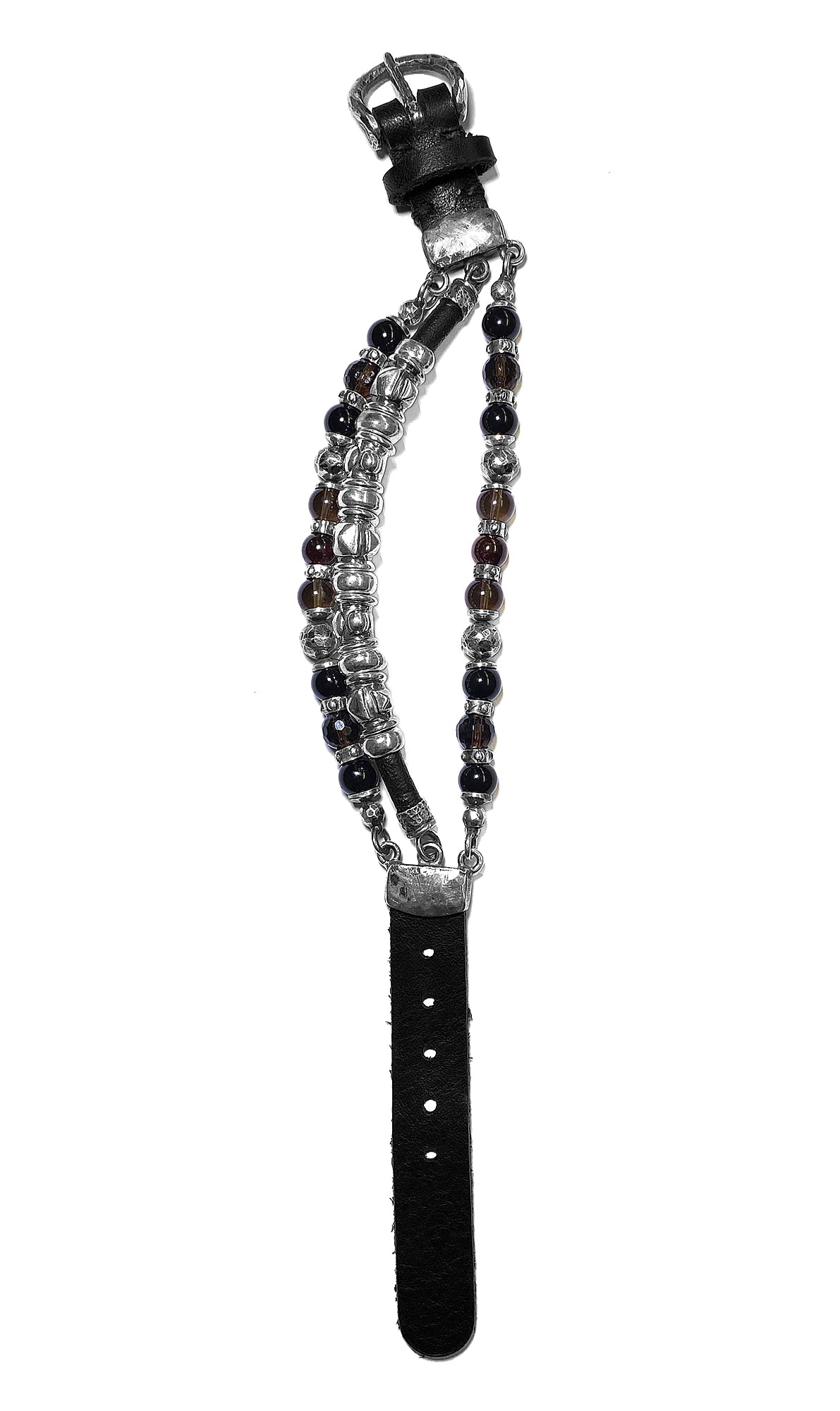 Elfcraft Armband 3-reihig Leder Onyx Rauchquarz 925 Sterling Silber Beads und Tubes Größenverstellbar