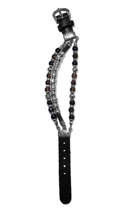 Elfcraft Armband 3-reihig Leder Onyx Rauchquarz 925 Sterling Silber Beads und Tubes Größenverstellbar