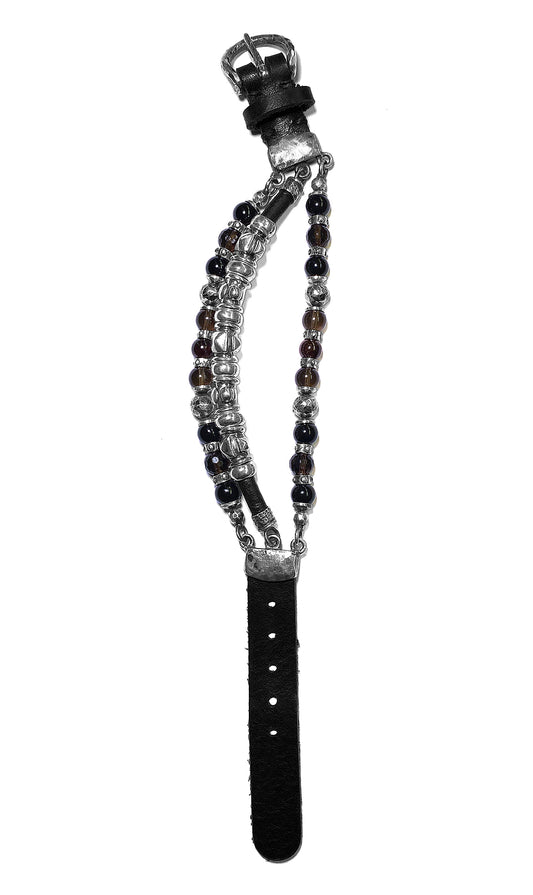 Elfcraft Armband 3-reihig Leder Onyx Rauchquarz 925 Sterling Silber Beads und Tubes Größenverstellbar