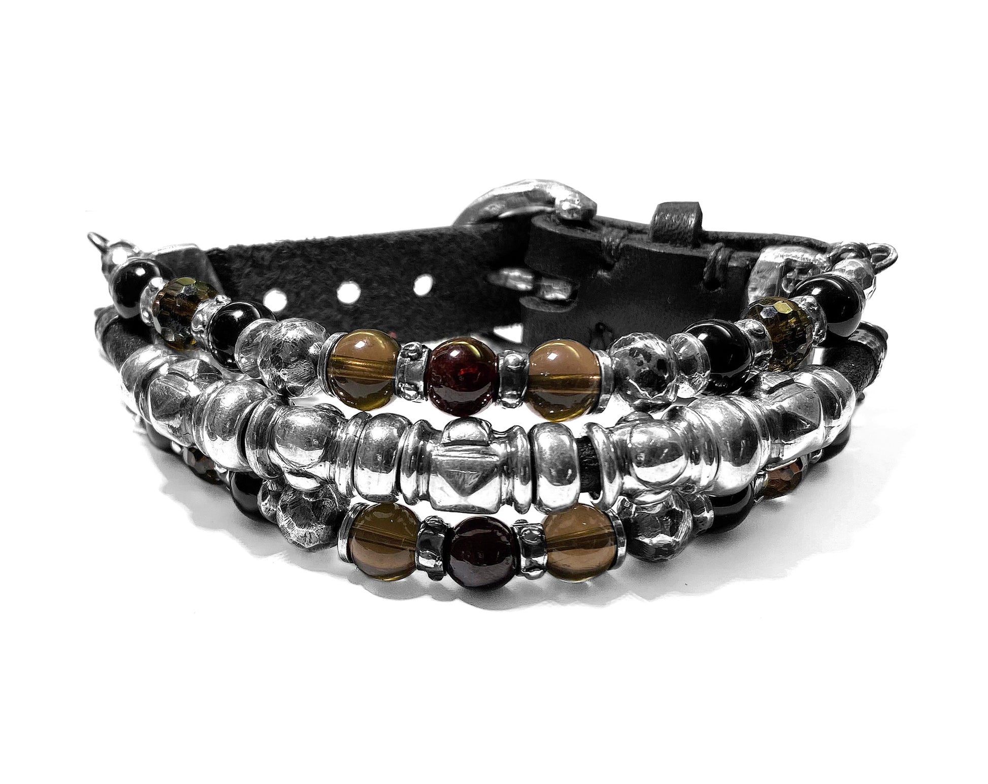 Elfcraft Armband 3-reihig Leder Onyx Rauchquarz 925 Sterling Silber Massiv Beads und Tubes Größenverstellbar