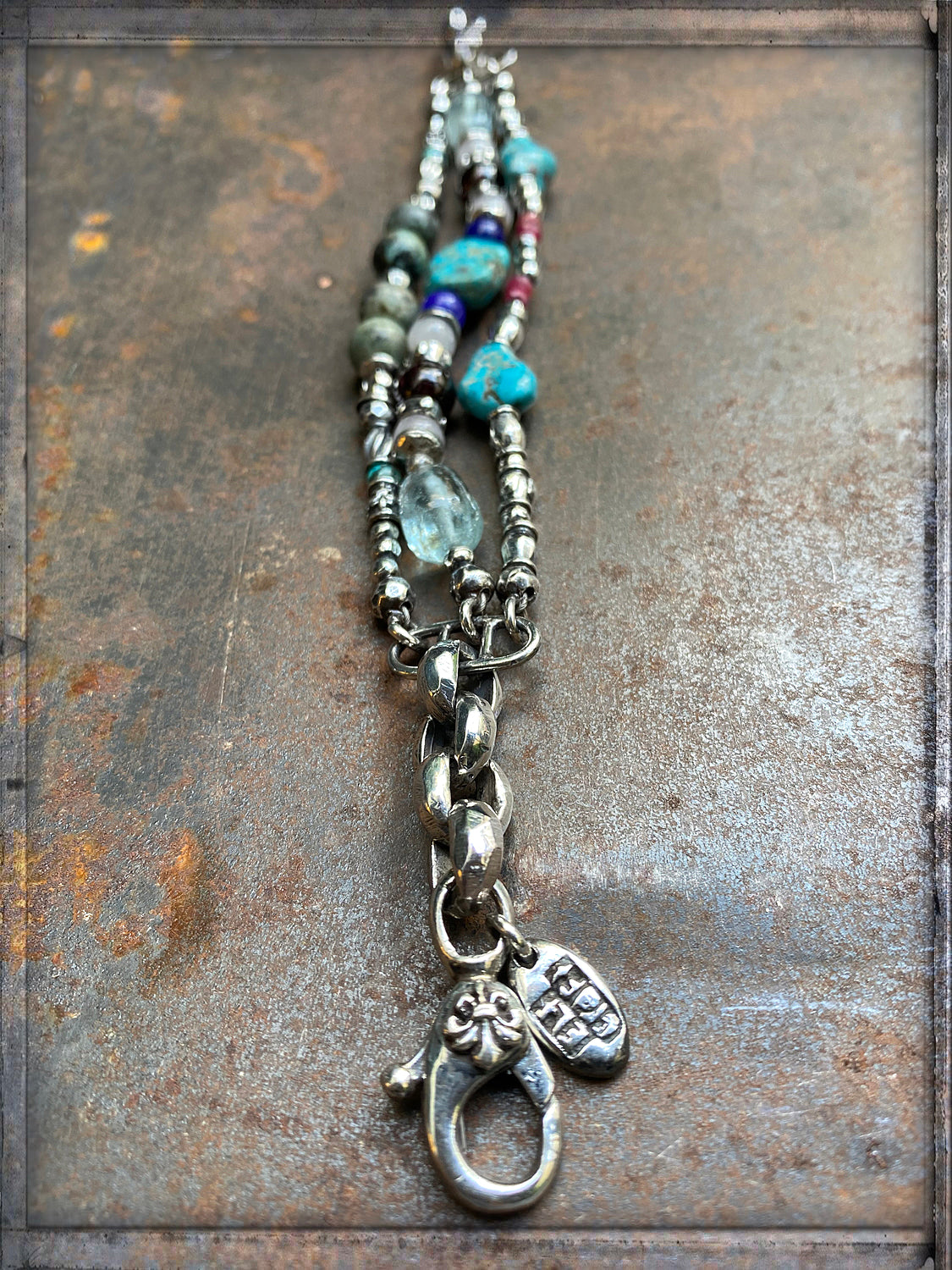 Elfcraft Armband Dreireihig Natursteine Türkis Granat Aquamarin Lapis Sterling Silber Massiv Unisex