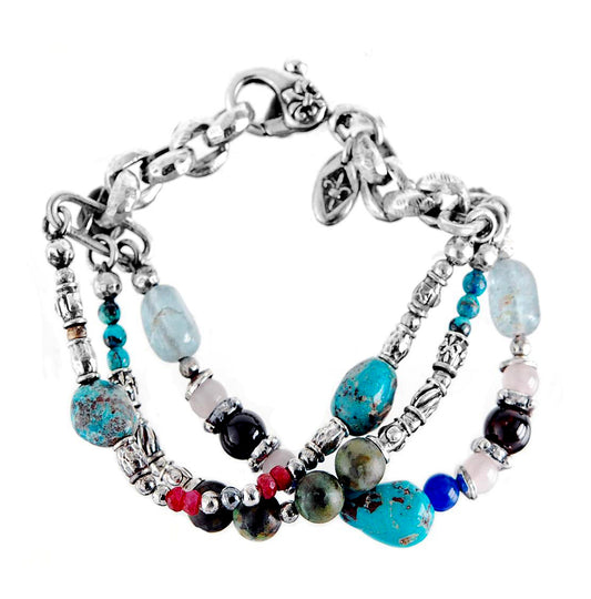 Elfcraft Armband Dreireihig Natursteine Türkis Granat Aquamarin Lapis 925 Sterling Silber Massiv Unisex