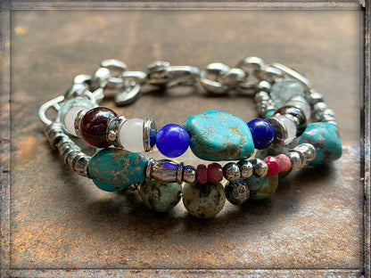 Elfcraft Armband Dreireihig Natursteine Türkis Granat Aquamarin Lapis 925 Silber Massiv Unisex