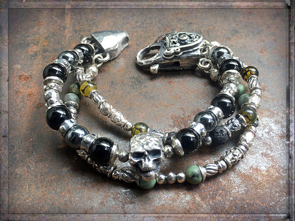 Elfcraft Armband Dreireihig Skull Naturstein-Beads Afrikanischer Türkis Lava Hämatit Rauchquarz Sterling Silber Massiv Karabiner Meteorit Unisex