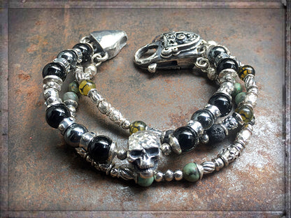 Elfcraft Armband Dreireihig Skull Naturstein-Beads Afrikanischer Türkis Lava Hämatit Rauchquarz Sterling Silber Massiv Karabiner Meteorit Unisex