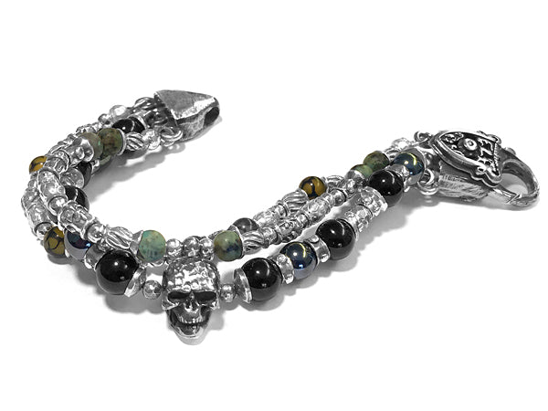 Elfcraft Armband Dreireihig Skull Afrikanischer Türkis Lava Hämatit Rauchquarz 925 Sterling Silber Massiv Karabiner Meteorit Unisex