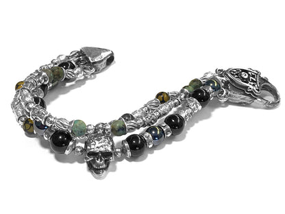 Elfcraft Armband Dreireihig Skull Afrikanischer Türkis Lava Hämatit Rauchquarz 925 Sterling Silber Massiv Karabiner Meteorit Unisex