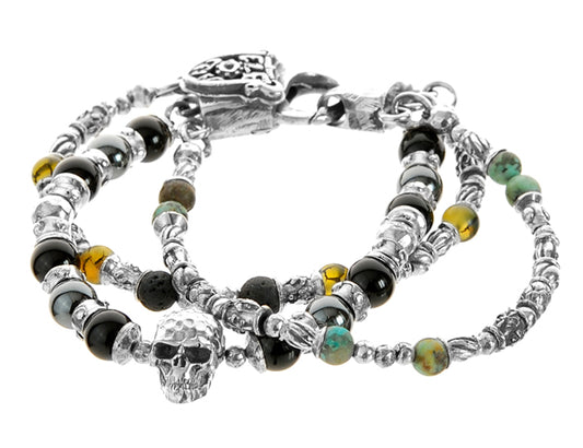 Elfcraft Armband Dreireihig Skull Naturstein-Beads Afrikanischer Türkis Lava Hämatit Rauchquarz 925 Sterling Silber Massiv Karabiner Meteorit Unisex