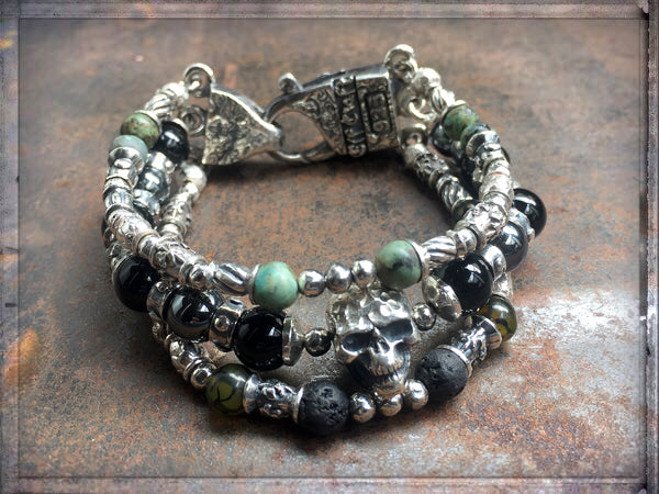Elfcraft Armband Dreireihig Skull Afrikanischer Türkis Lava Hämatit Rauchquarz 925 Silber Massiv Karabiner Meteorit Unisex