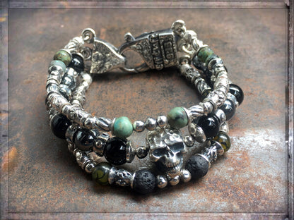 Elfcraft Armband Dreireihig Skull Afrikanischer Türkis Lava Hämatit Rauchquarz 925 Silber Massiv Karabiner Meteorit Unisex