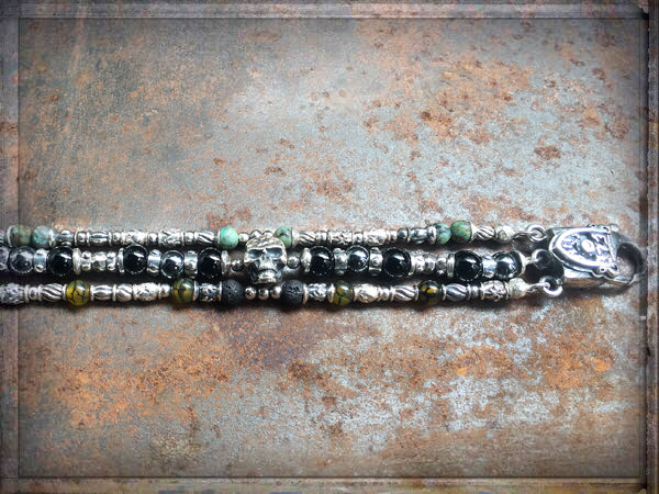 Elfcraft Armband Dreireihig Skull Naturstein-Beads Afrikanischer Türkis Lava Hämatit Rauchquarz 925 Silber Massiv Karabiner Meteorit Unisex