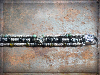 Elfcraft Armband Dreireihig Skull Naturstein-Beads Afrikanischer Türkis Lava Hämatit Rauchquarz 925 Silber Massiv Karabiner Meteorit Unisex