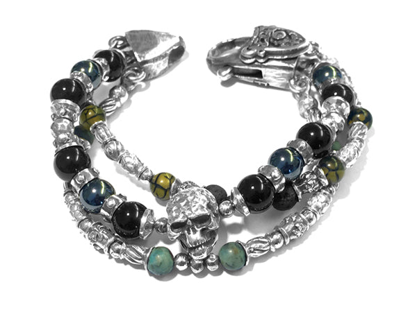 Elfcraft Armband Dreireihig Skull Naturstein-Beads 925 Sterling Silber Massiv Karabiner Meteorit Unisex