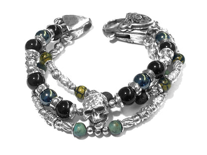 Elfcraft Armband Dreireihig Skull Naturstein-Beads 925 Sterling Silber Massiv Karabiner Meteorit Unisex