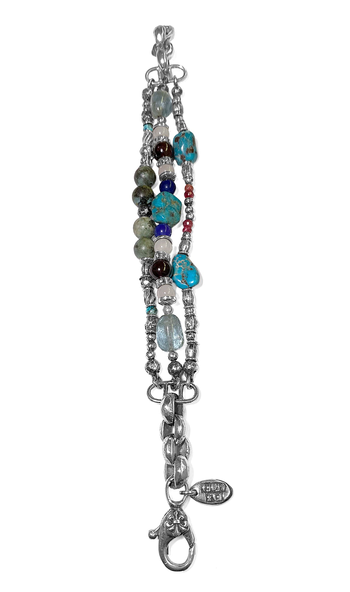 Elfcraft Armband Dreireihig Natursteine Türkis Granat Aquamarin Lapis 925 Sterling Silber Massiv Lilien-Karabiner Unisex