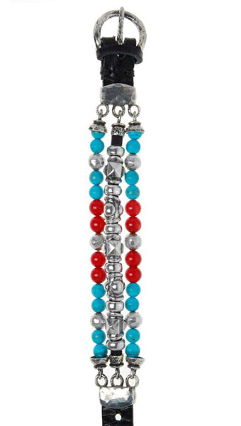 Elfcraft Armband Dreireihig Türkis Koralle Rot Leder 925 Sterling Silber Massiv Größenverstellbar