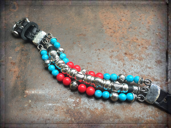 Elfcraft Armband Dreireihig Türkis Koralle Rot Leder 925 Sterling Silber Massiv Größenverstellbar Unisex