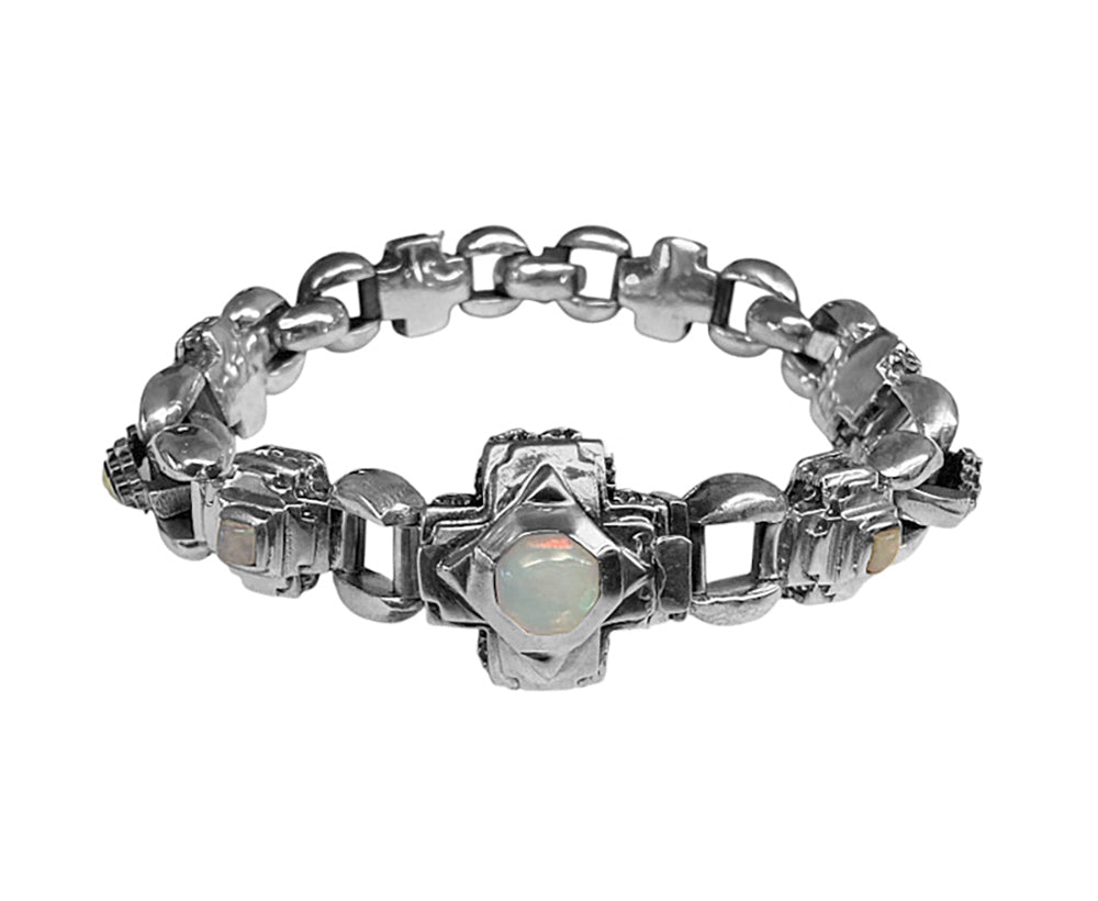 Elfcraft Armband Erbschain Octagon Crosses Oktagon-Kreuze Opale 925 Sterling Silber Massiv Markantes Unisex Unikat