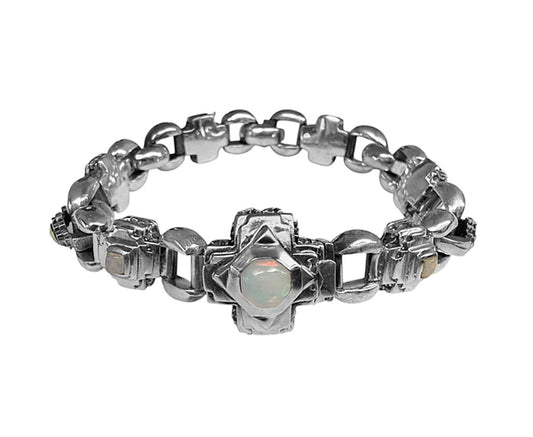 Elfcraft Armband Erbschain Octagon Crosses Oktagon-Kreuze Opale 925 Sterling Silber Massiv Markantes Unisex Unikat