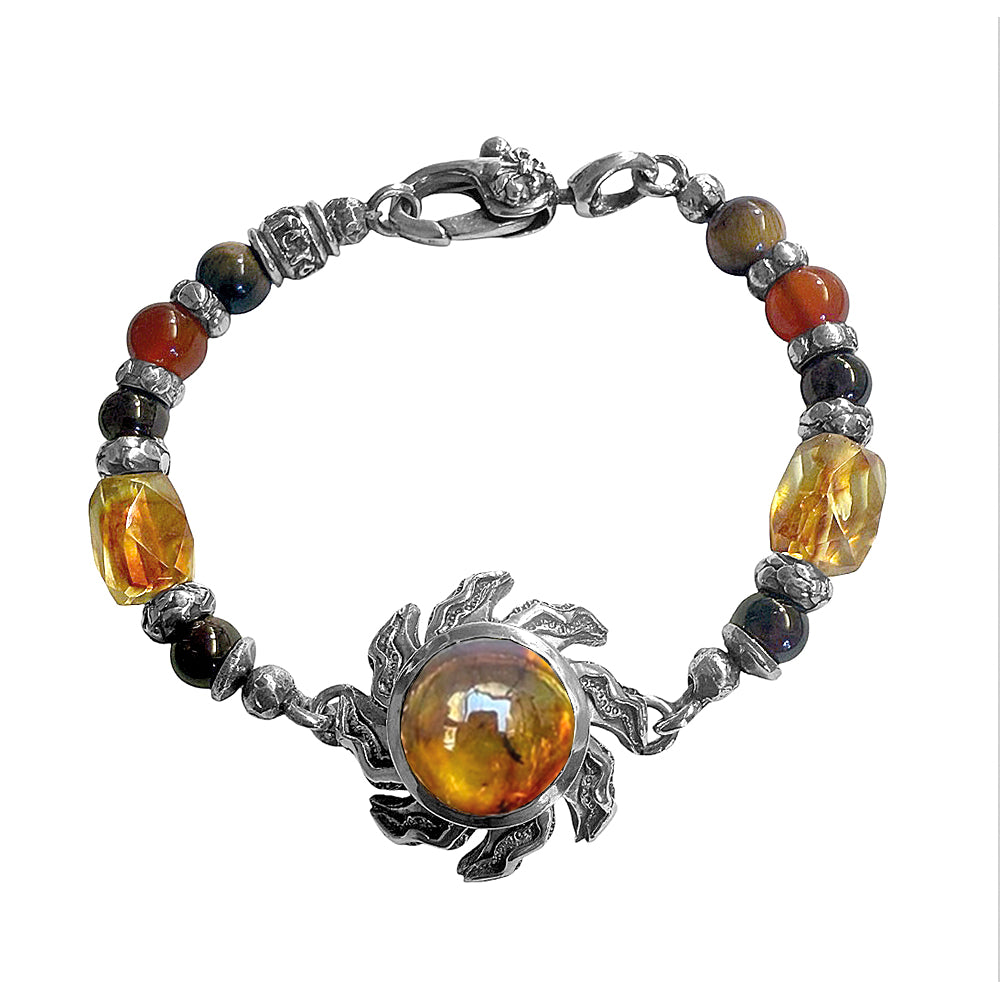 Elfcraft Armband Flamed Sun Bernstein Sonne 925 Sterling Silber Massiv Carneol Tigerauge Rauchquarz