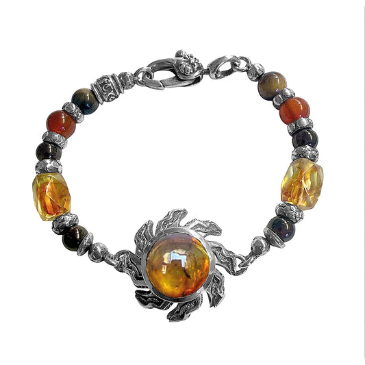 Elfcraft Armband Flamed Sun Bernstein Sonne 925 Sterling Silber Massiv Carneol Tigerauge Rauchquarz