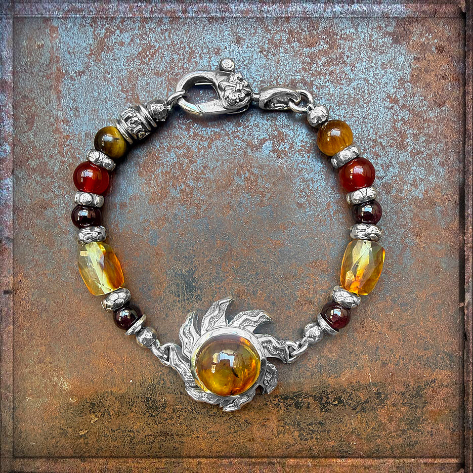 Elfcraft Armband Flamed Sun Bernstein Sonne Sterling Silber Massiv Carneol Tigerauge Rauchquarz