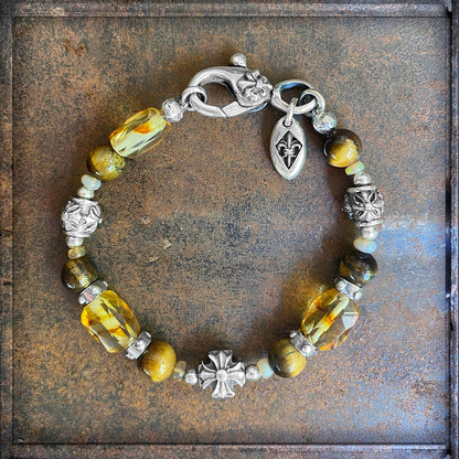 Elfcraft Armband Kreuz Bernstein Tigerauge Opale Sterling Silber Massiv Unisex