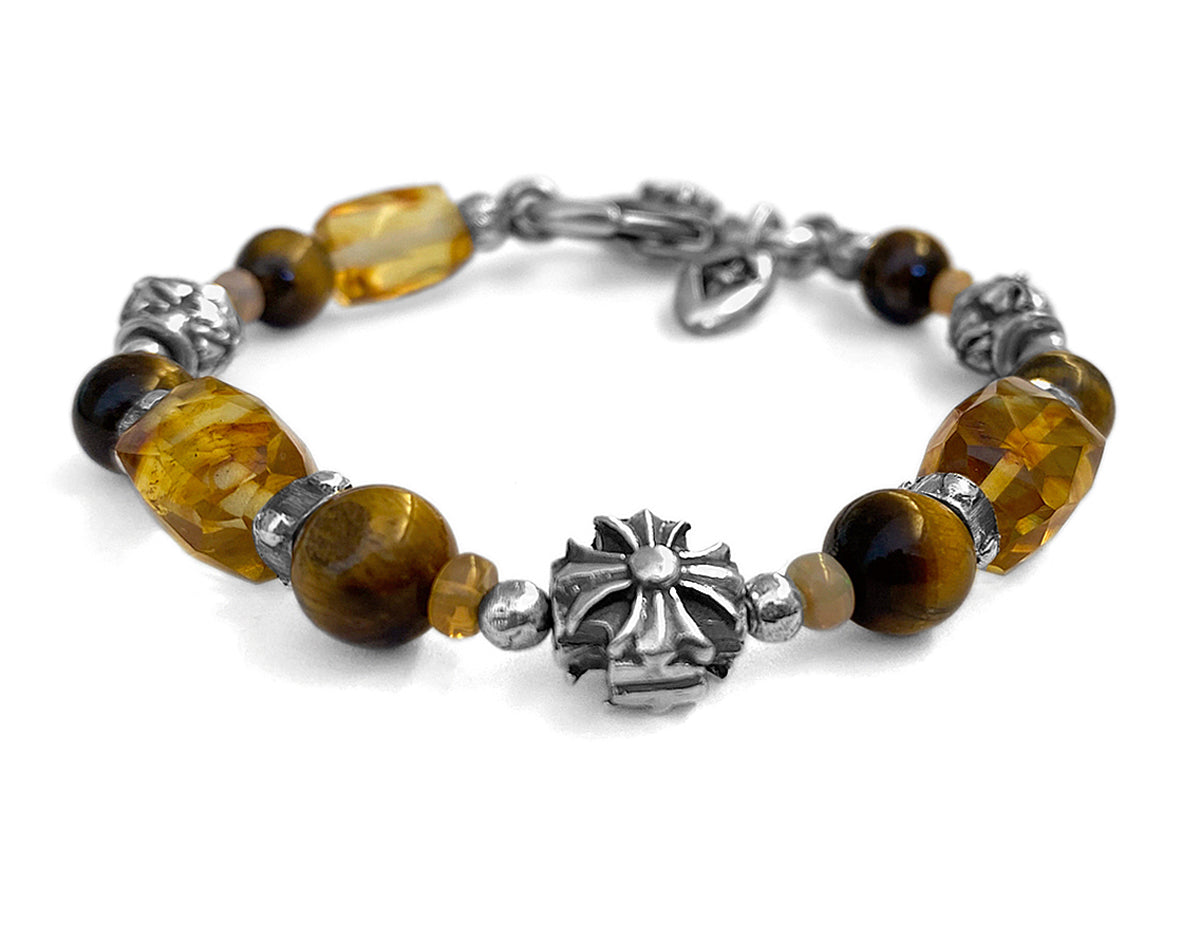 Elfcraft Armband Kreuz Bernstein Tigerauge Opale 925 Sterling Silber Massiv Unisex