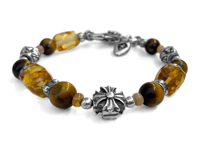 Elfcraft Armband Kreuz Bernstein Tigerauge Opale 925 Sterling Silber Massiv Unisex