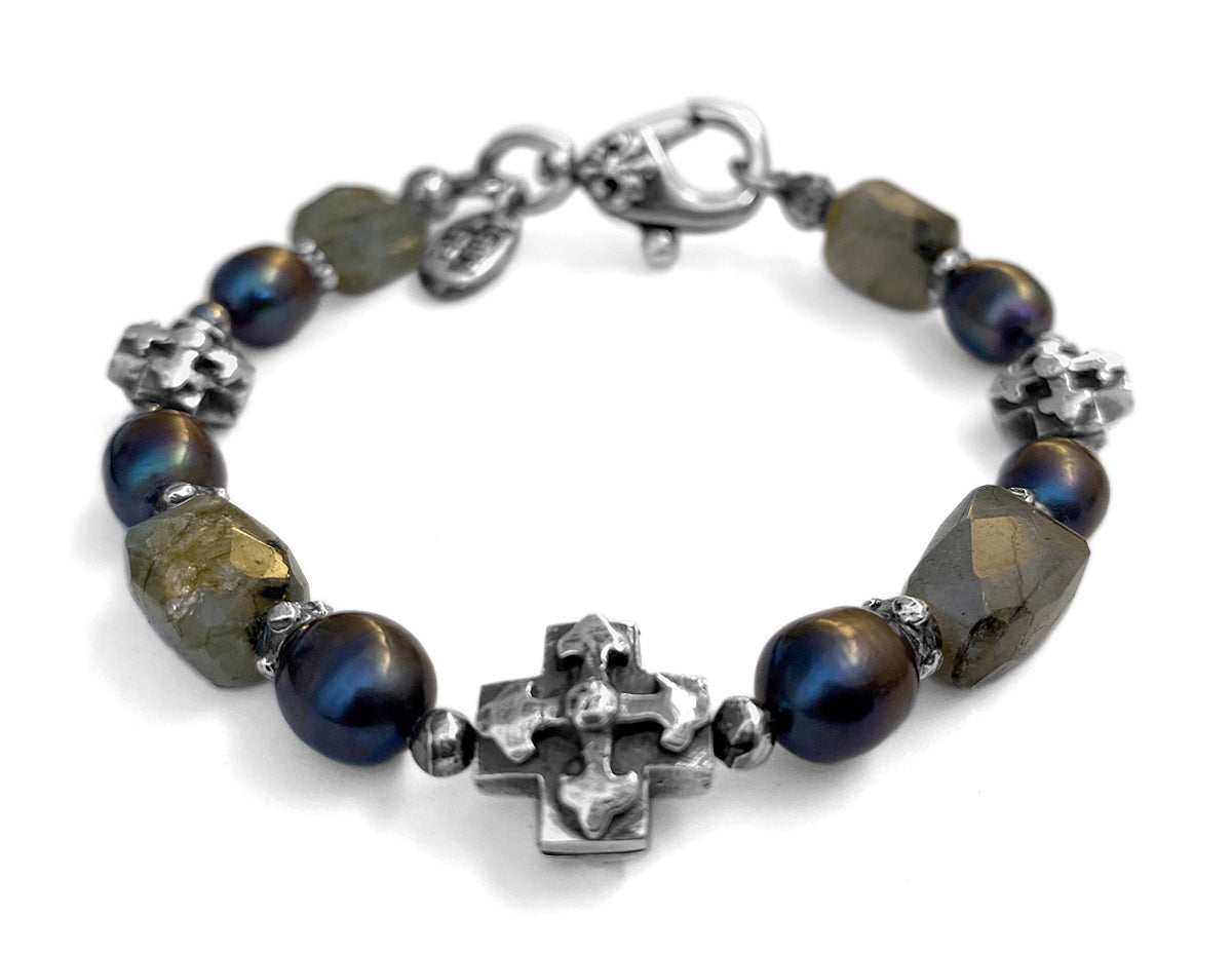 Elfcraft Armband Kreuz Labradorit Süßwasserperlen Grau 925 Sterling Silber Massiv Unisex