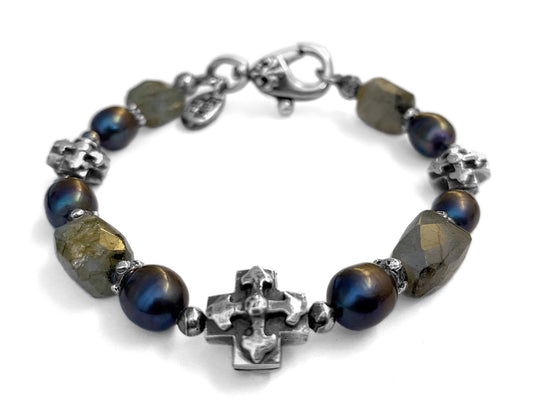 Elfcraft Armband Kreuz Labradorit Süßwasserperlen Grau 925 Sterling Silber Massiv Unisex