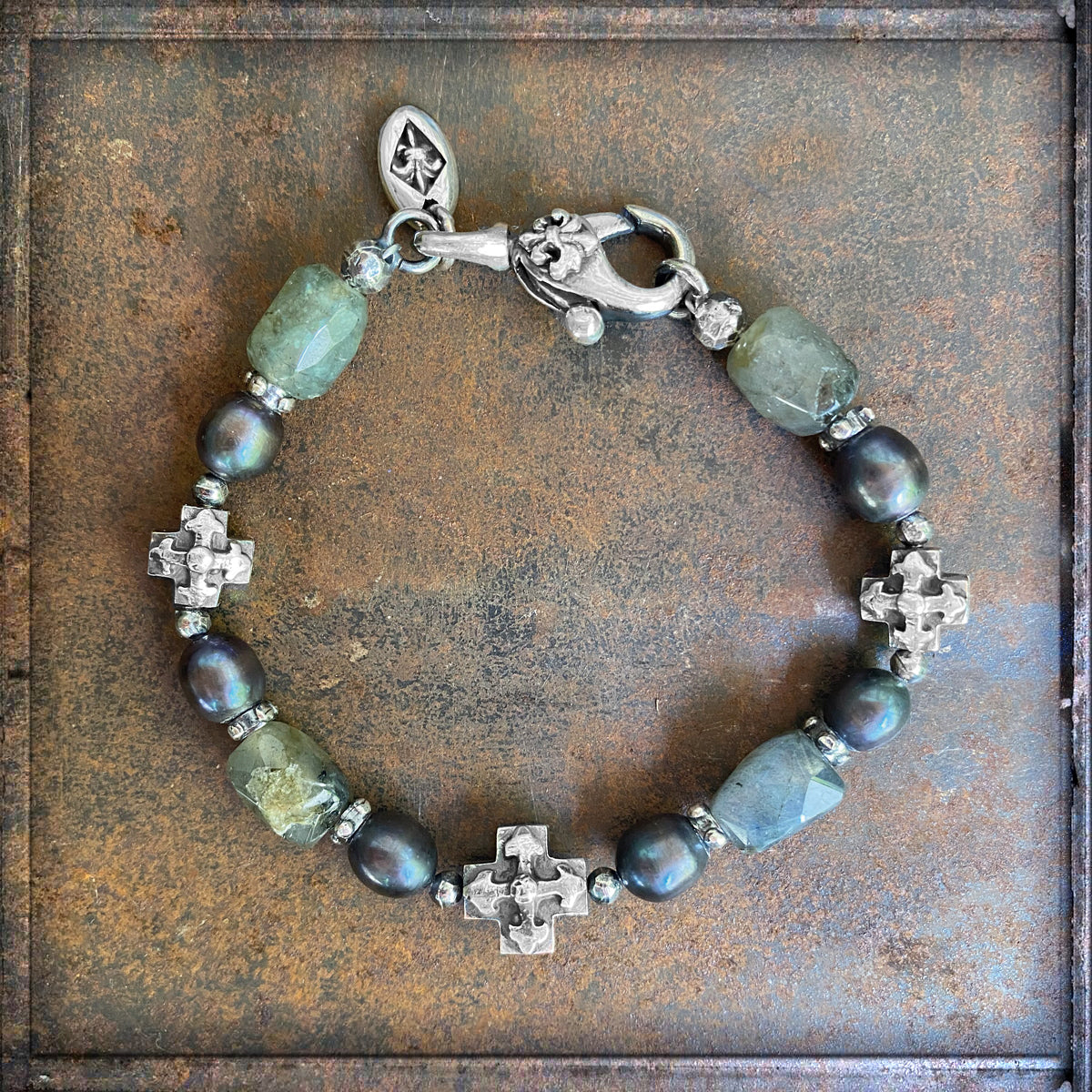 Elfcraft Armband Kreuz Labradorit Süßwasserperlen Grau Sterling Silber Massiv Unisex