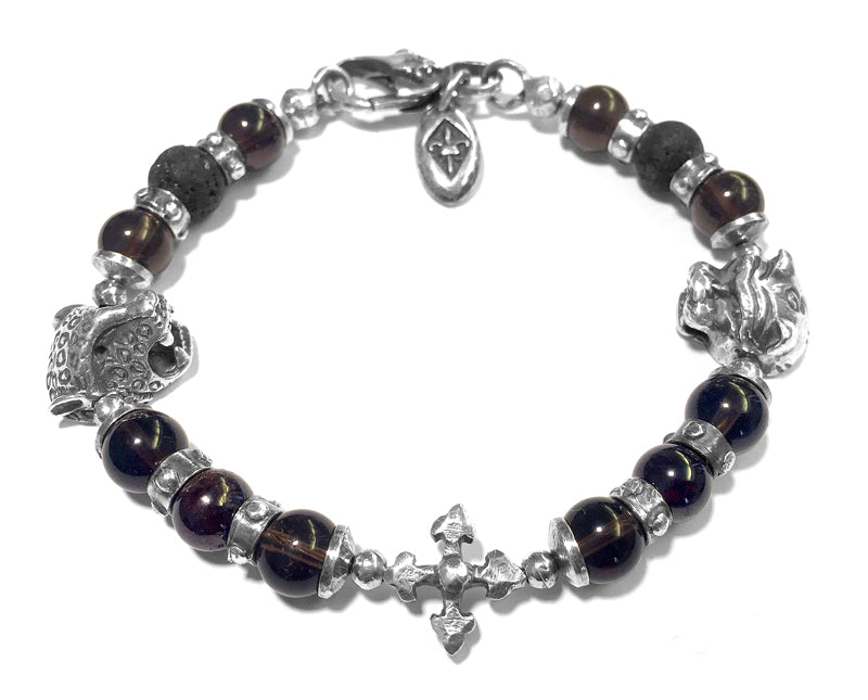 Elfcraft Armband Kreuz Löwenkopf Leopardenkopf Rauchquarz Lava 925 Sterling Silber Massiv Unisex