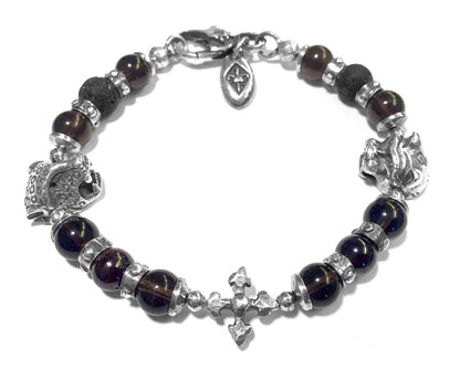Elfcraft Armband Kreuz Löwenkopf Leopardenkopf Rauchquarz Lava 925 Sterling Silber Massiv Unisex