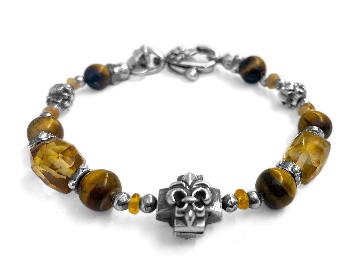 Elfcraft Armband Kreuz Lilien-Motiv Bernstein Tigerauge Opale 925 Sterling Silber Massiv Unisex