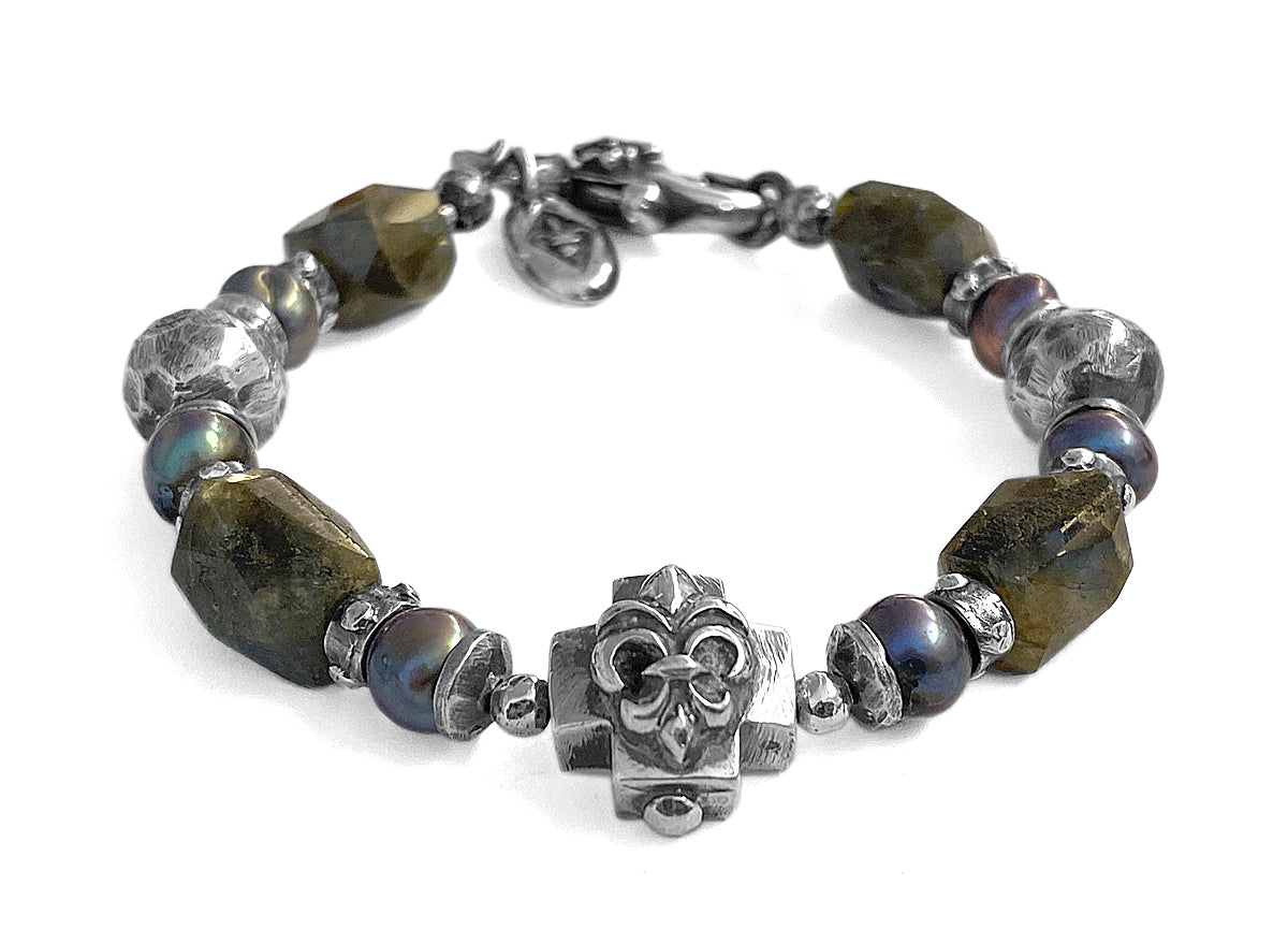 Elfcraft Armband Kreuz Lilien-Motiv Labradorit Süßwasserperlen Grau 925 Sterling Silber Massiv Unisex