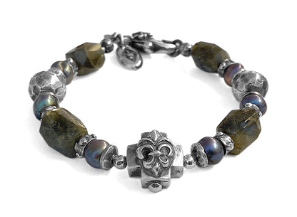 Elfcraft Armband Kreuz Lilien-Motiv Labradorit Süßwasserperlen Grau 925 Sterling Silber Massiv Unisex