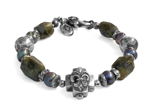 Elfcraft Armband Kreuz Lilien-Motiv Labradorit Süßwasserperlen Grau 925 Sterling Silber Massiv Unisex