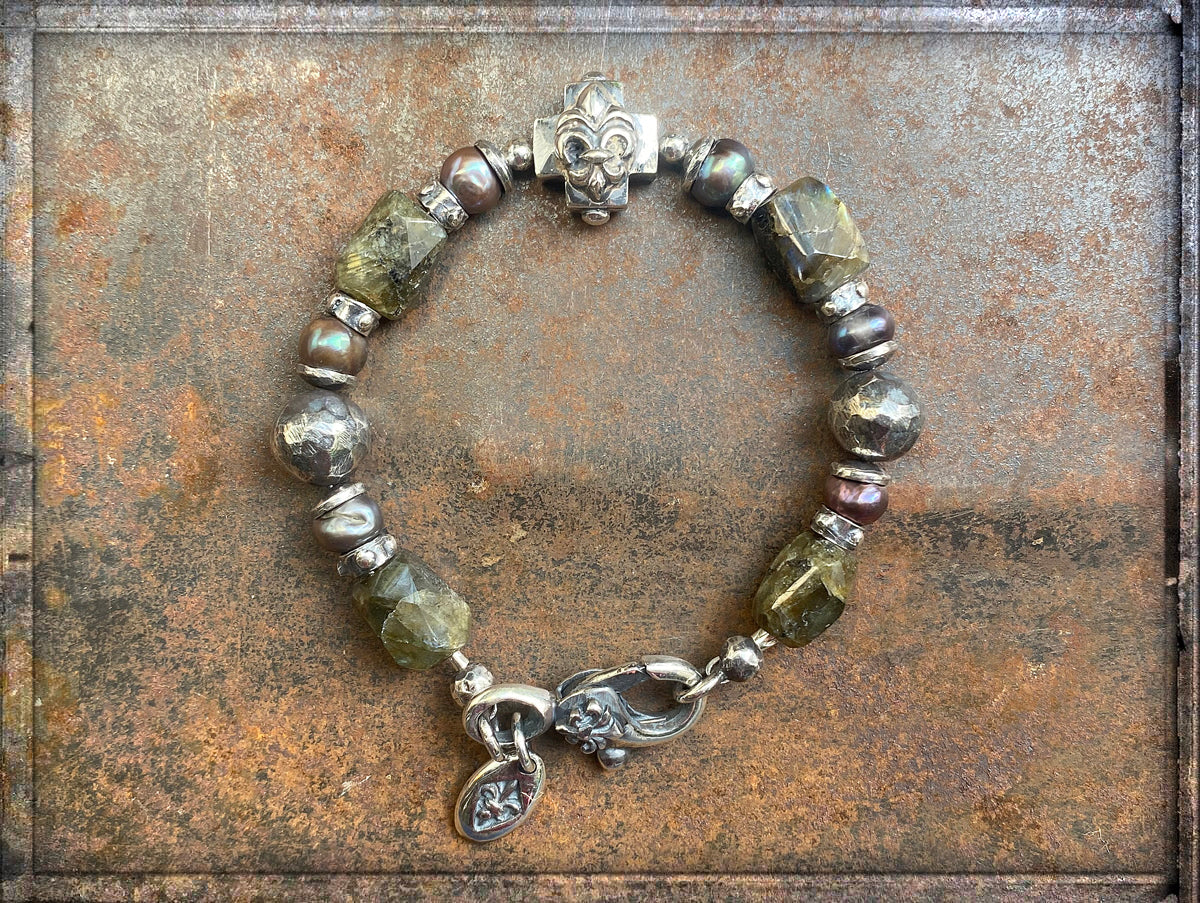 Elfcraft Armband Kreuz Lilien-Motiv Labradorit Süßwasserperlen Grau 925 Silber Massiv Unisex