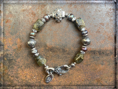 Elfcraft Armband Kreuz Lilien-Motiv Labradorit Süßwasserperlen Grau 925 Silber Massiv Unisex