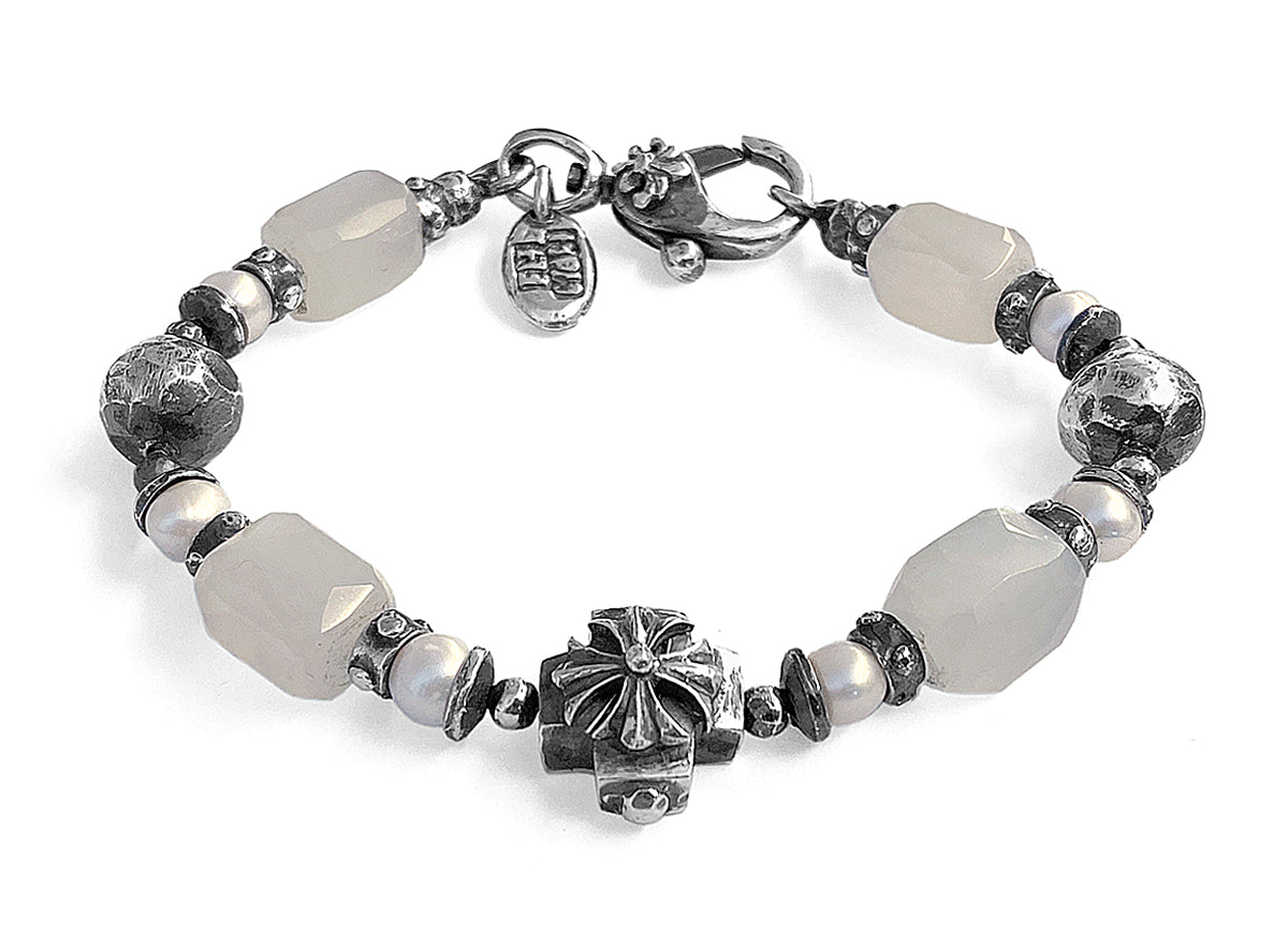 Elfcraft Armband Malteser-Kreuz Mondstein Süßwasserperlen Weiß 925 Sterling Silber Massiv Unisex