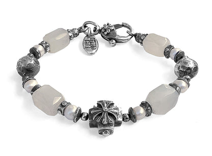 Elfcraft Armband Malteser-Kreuz Mondstein Süßwasserperlen Weiß 925 Sterling Silber Massiv Unisex