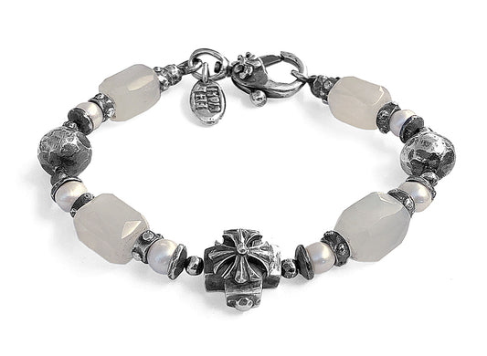 Elfcraft Armband Malteser-Kreuz Mondstein Süßwasserperlen Weiß 925 Sterling Silber Massiv Unisex
